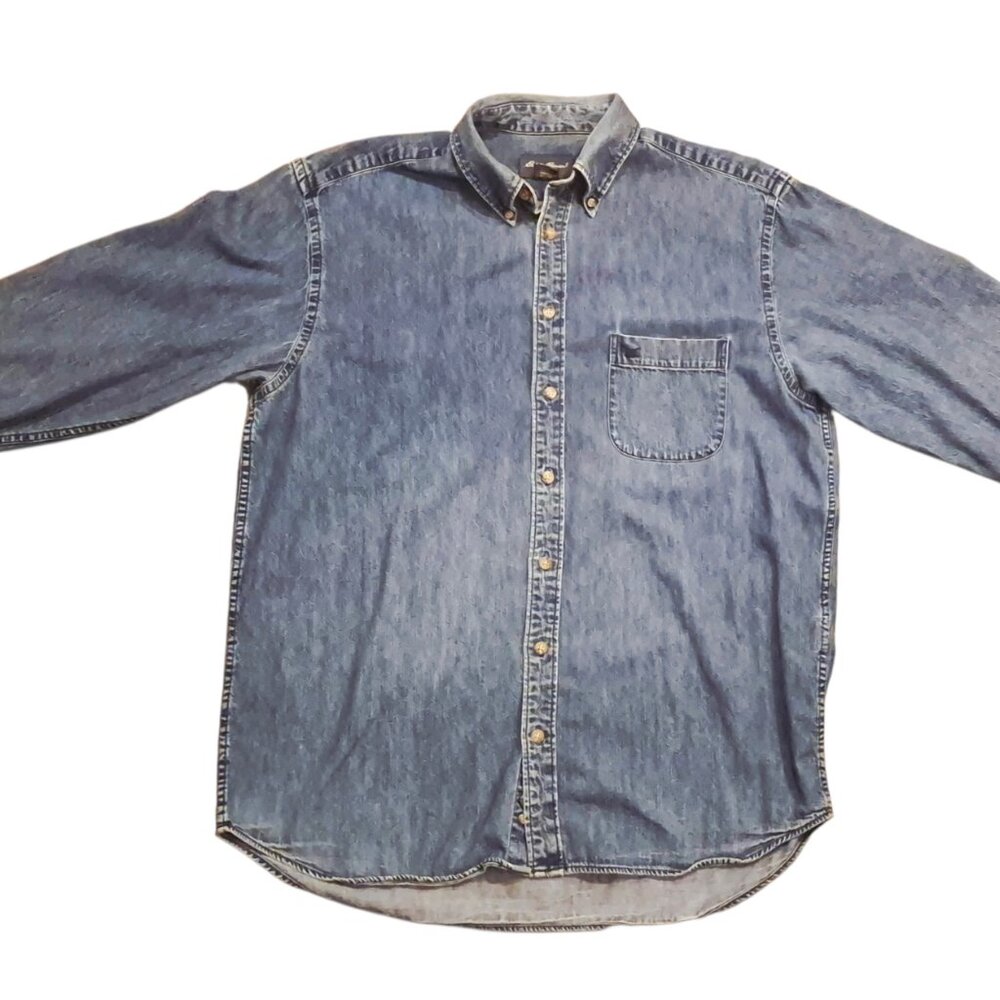 Vintage Eddie Bauer Denim Shirt Men’s Large Tall Made In Hong Kong 100% Cotton